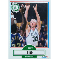 Basketball trading card of Larry Bird in action, with Boston Celtics logo.