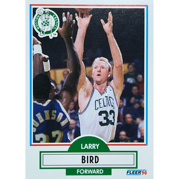 Basketball trading card of Larry Bird in action, with Boston Celtics logo.