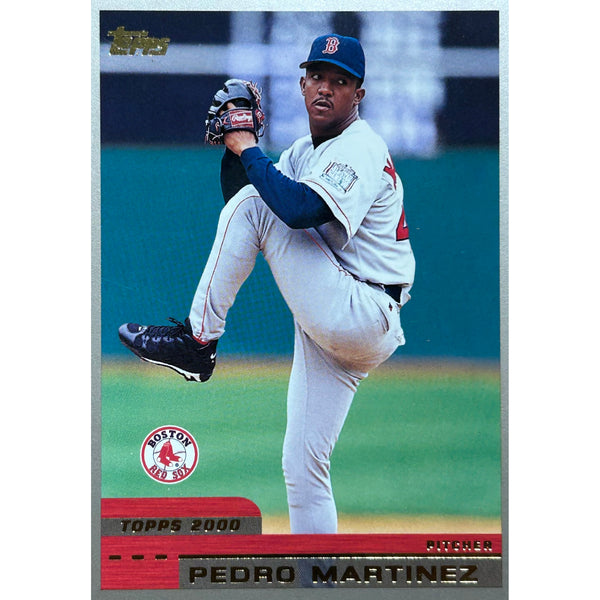 Baseball trading card of Pedro Martinez in a pitching pose, with Boston Red Sox logo.